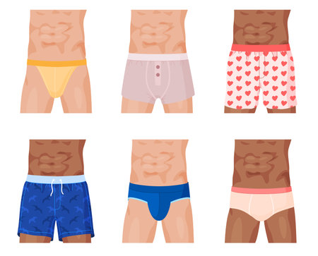 Different mens body in underpants set vector flat illustration. Diverse male torso wearing underwearのイラスト素材