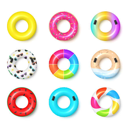 Collection multicolored realistic rubber swim ring top view vector illustration swimming ring toyのイラスト素材