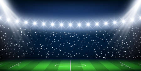 Realistic empty football stadium marking green field glowing light projectors vector illustrationのイラスト素材