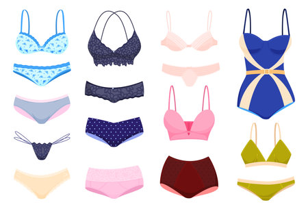Womens underwear collection vector flat illustration. Set types of female panties, bra and swimsuitsのイラスト素材