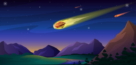 Falling down comet meteorite at night mountain landscape vector flat illustration