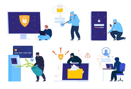 Hackers and cybercrime collection vector flat internet fraud and scam online phishing, cyber crimeのイラスト素材