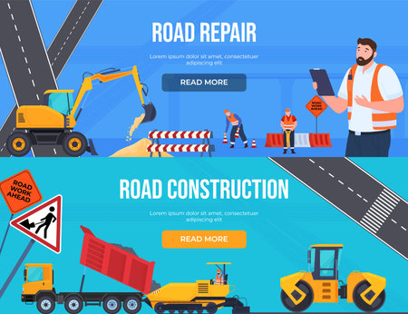 Road construction and repair horizontal banner landing page set vector flat industrial staff workingのイラスト素材