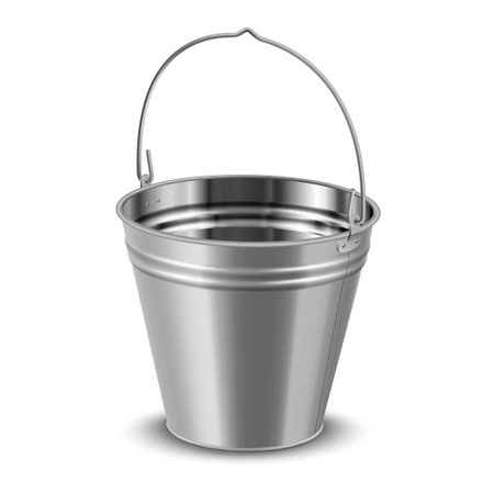 Realistic enameled bucket with handle vector illustration. Metal aluminum bucketful for waterのイラスト素材