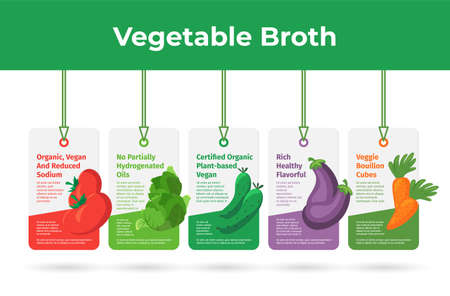 Collection vegetable broth promo tag on rope with place for text vector flat illustrationのイラスト素材