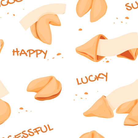 Fortune cookies lucky motivational message dessert seamless pattern vector flat illustrationのイラスト素材