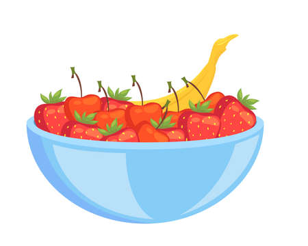Plate with berries and fruits fresh ripe natural dessert vector flat bowl strawberry cherry bananaのイラスト素材