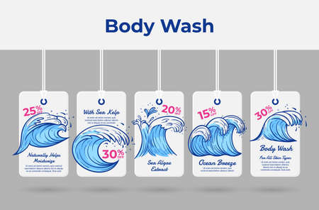 Ocean breeze body wash realistic tag rope collection vector illustration. Advertising sale discountのイラスト素材