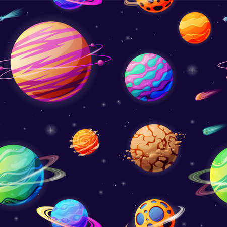 Fantastic 3d planets space background seamless pattern vector illustration astronomy designのイラスト素材