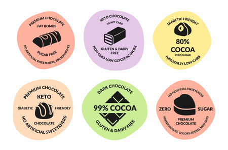 Keto chocolate sticker collection vector flat illustration. Set package label of premium sweet bars