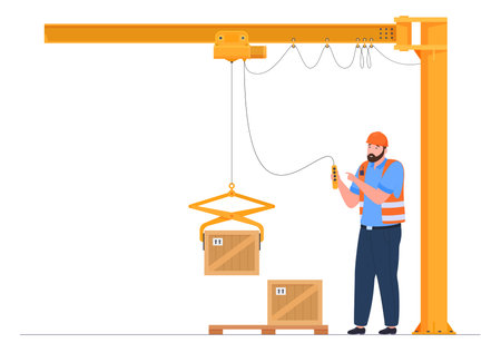 Construction delivery service truck crane lifting load male staff remotely control device vectorのイラスト素材