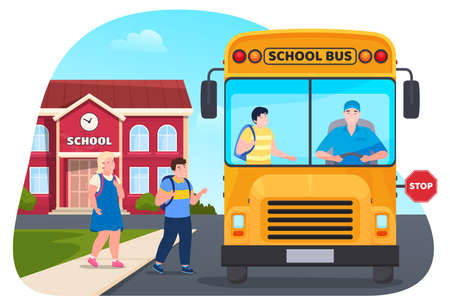 Children get on in yellow bus after school vector flat illustration transportation service of pupilsのイラスト素材