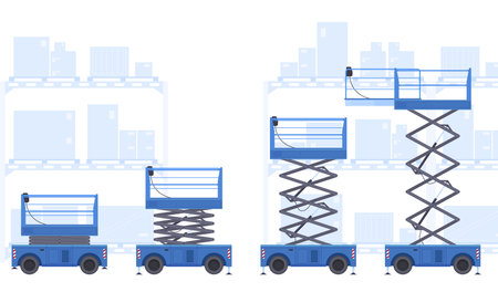Collection various mechanical lifts scissors platform with basket industrial working at warehouseのイラスト素材