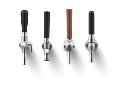 Collection realistic beer taps with brown and black handles different shape vector illustrationのイラスト素材