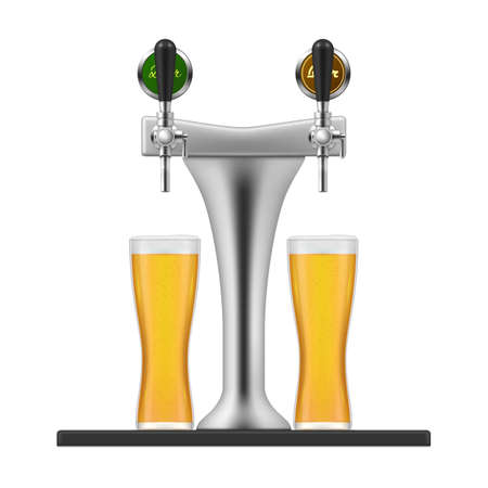 Realistic tap bar with two transparent glasses full of beer vector illustration. Pub equipmentのイラスト素材