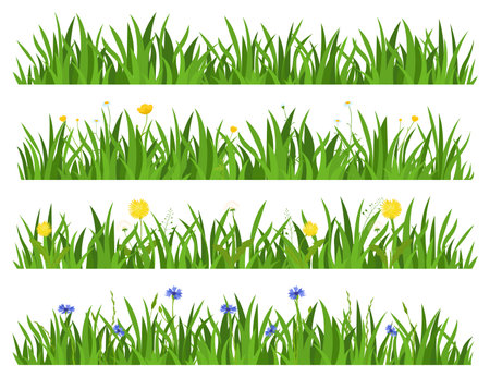 Fresh summer green cartoon grass with multicolored flowers background set vector flatのイラスト素材