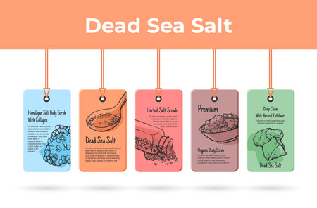 Dead sea salt promo realistic tag rope set engraved vector natural spa cosmetic beauty productのイラスト素材