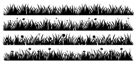 Black grass silhouettes monochrome horizontal background set vector illustration summer spring lawnのイラスト素材
