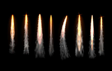 Realistic vertical fire and smoke rocket trails collection vector illustrationのイラスト素材