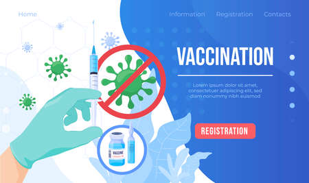 Vaccination landing page vector flat medical doctor hand syringe covid 19 vaccine cure injectionのイラスト素材