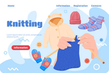 Knitting handcraft hobby landing page template vector flat female hands knitted warm clothesのイラスト素材