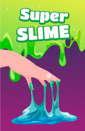 Super slime poster vector flat human hand sticking in bright neon jelly liquid paint splash fluidのイラスト素材