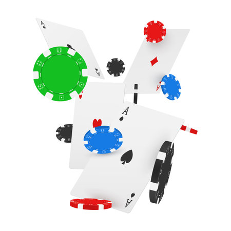 Realistic falling playing cards and multicolored casino chips vector gambling tokens for blackjack