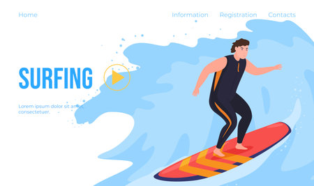 Surfing landing page video play web banner vector surfer surfboard riding wave extreme water sportのイラスト素材