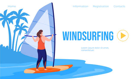 Windsurfing landing page video play internet banner promo vector flat woman extreme water sportのイラスト素材