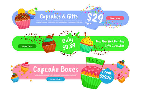 Collection multicolored cupcakes box sweet holiday gifts landing page internet promo banner vectorのイラスト素材