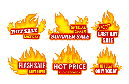Collection hot sale burning fire flame sticker template with place for text vector flat illustrationのイラスト素材