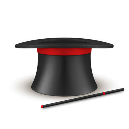 Black cylinder magician hat with wand stick realistic template vector illustration wizard headdressのイラスト素材