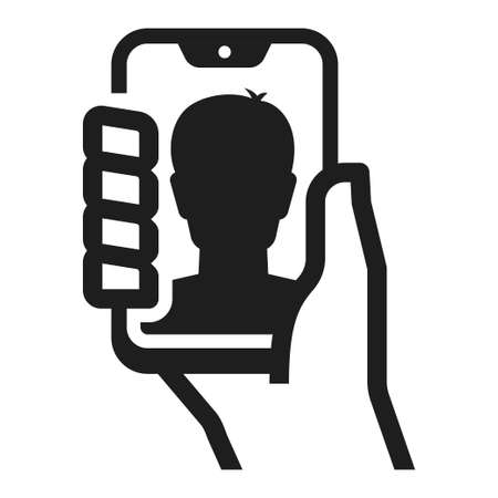 Minimalist human hand holding smartphone selfie screen device application line vector illustrationのイラスト素材