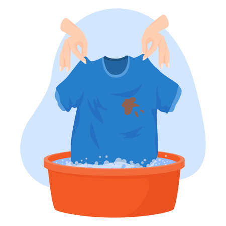 Female hands washing clothes in red basin with foamy water vector flat illustrationのイラスト素材