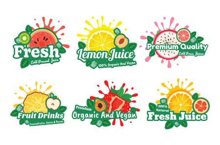 Collection fresh juice sticker vector illustration summer seasonal organic vegan fruits cocktailのイラスト素材