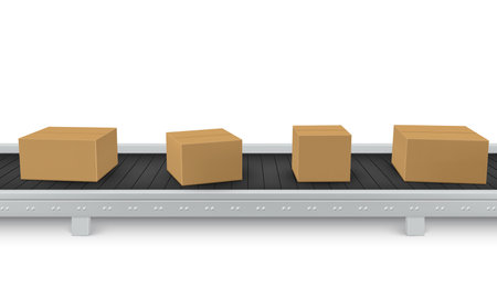 Realistic assembly line with cardboard boxes vector automatic mechanical packing conveyor beltのイラスト素材