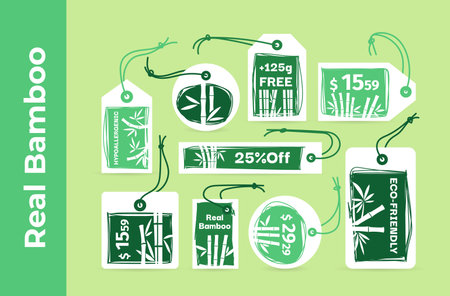 Collection green bamboo advertising promo marketing tag rope vector illustrationのイラスト素材