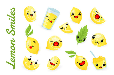 Funny lemon smiles citrus fruit face expression collection vector illustrationのイラスト素材
