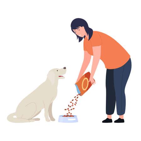 Woman feeding her dog vector flat illustration female owner sprinkling dry food doggy eating in bowlのイラスト素材