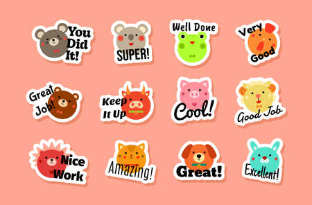 Grades for children funny sticker with animal characters and motivational quote set vectorのイラスト素材