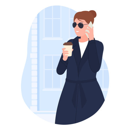 Modern woman in cloak and sunglasses talking smartphone city building outdoor vector illustrationのイラスト素材