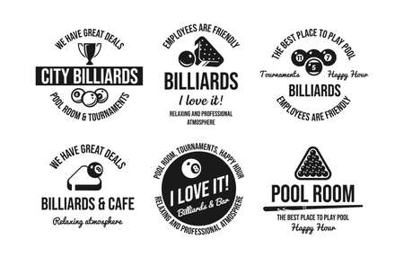 Pool room city billiards monochrome black circle badge advertising set vector illustrationのイラスト素材