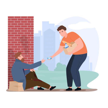 Male volunteer help homeless giving food at city street vector flat illustrationのイラスト素材