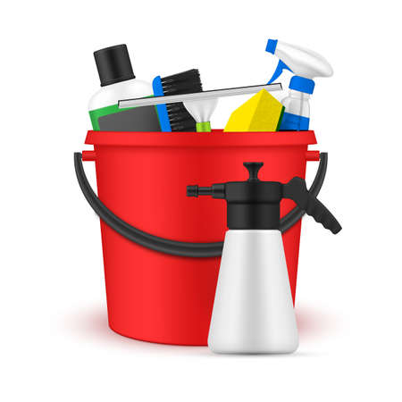 Car washing kit red plastic bucket full of detergents and tools realistic vector illustrationのイラスト素材