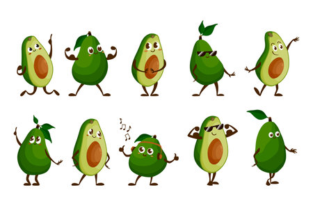 Avocado smileys funny characters set vector isometric cute exotic fruit dancing strong muscleのイラスト素材