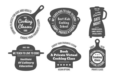 Cooking class black monochrome badge collection vector illustration food preparation virtual lessonsのイラスト素材
