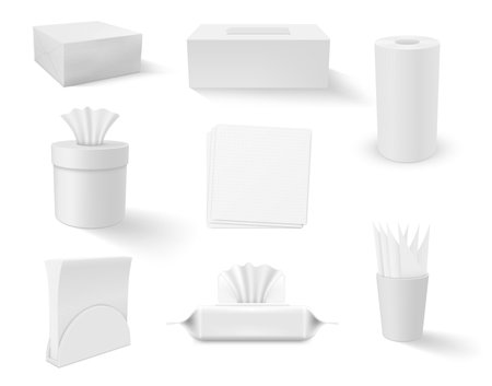 Paper tissue napkins in different roll package storage boxes set realistic vector illustrationのイラスト素材