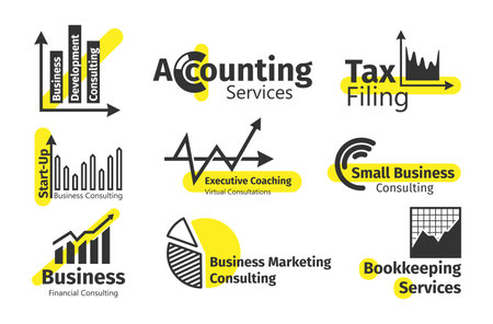 Tax accounting services linear monochrome badge set vector financial information analysisのイラスト素材