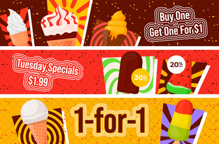 Ice cream special offer sale discount banner set vector flat fresh summer frozen dessertのイラスト素材