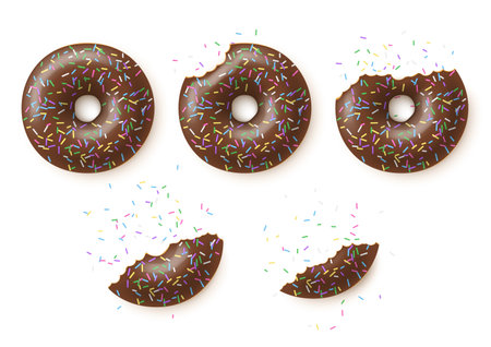 Almost eaten chocolate brown icing glaze donuts set top view realistic vector illustrationのイラスト素材